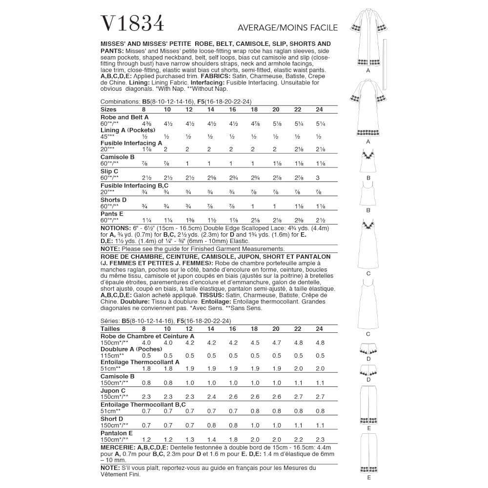Vogue Misses' and Misses' Petite Robe, Belt, Camisole, Slip, Shorts and Pants V1834 - Sewing Pattern