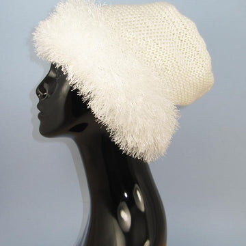 Faux Fun Fur Trim Garter Stitch Slouch Hat