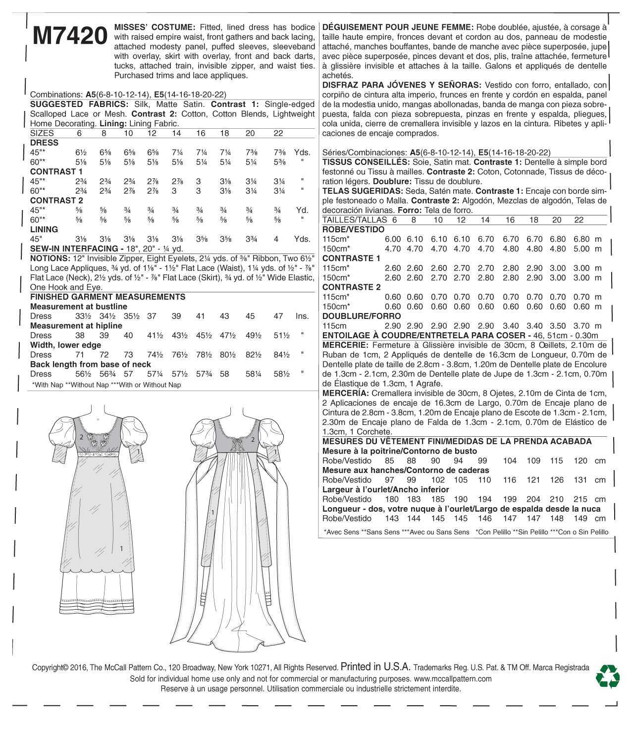 McCall's Misses' Costume M7420 - Sewing Pattern