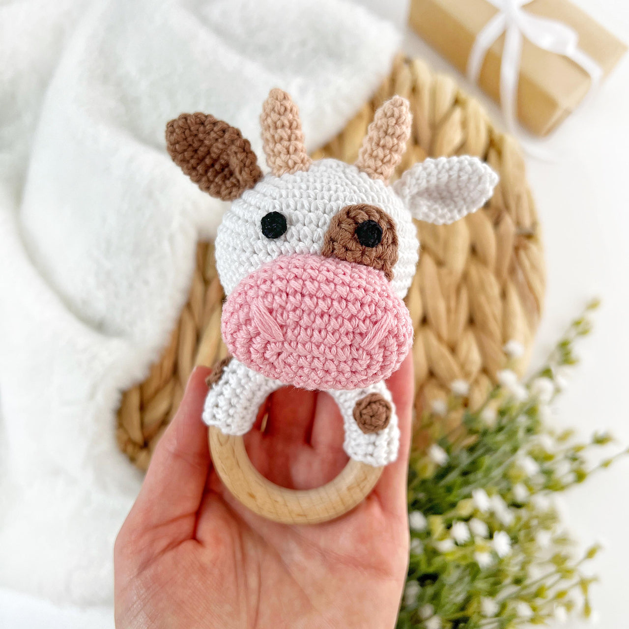 Cow crochet pattern Baby rattle toy Amigurumi farm animal Teether ring