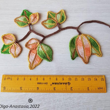 Crochet autumn decor, bright branches with leaves