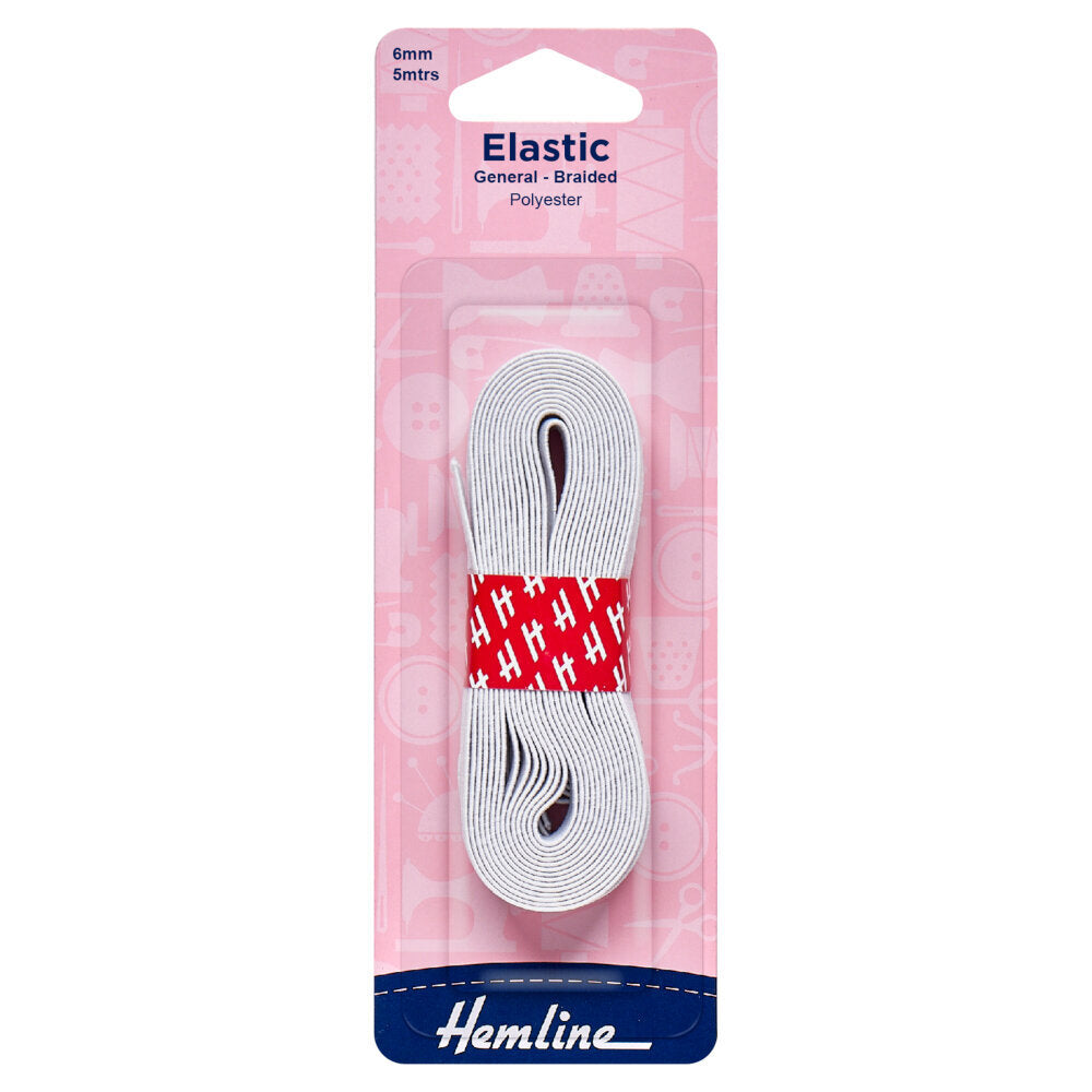 Hemline General Purpose Braided Elastic: 5m x 6mm: White
