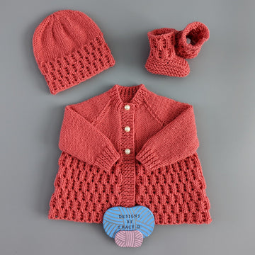 JJ 16 inch chest Cardigan, Hat & Booties Baby knitting pattern Newborn