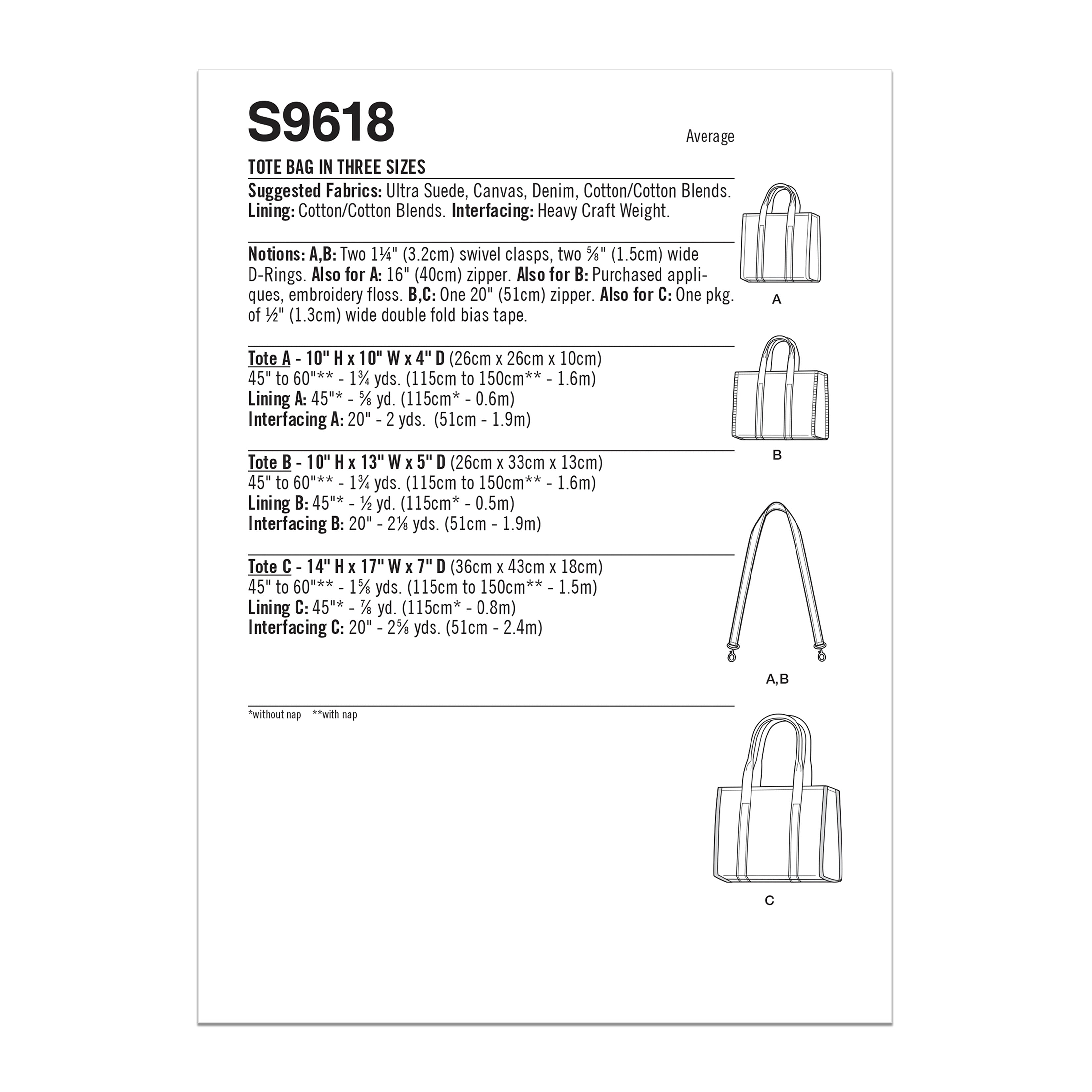 Simplicity Tote Bag in Three Sizes S9618 - Sewing Pattern