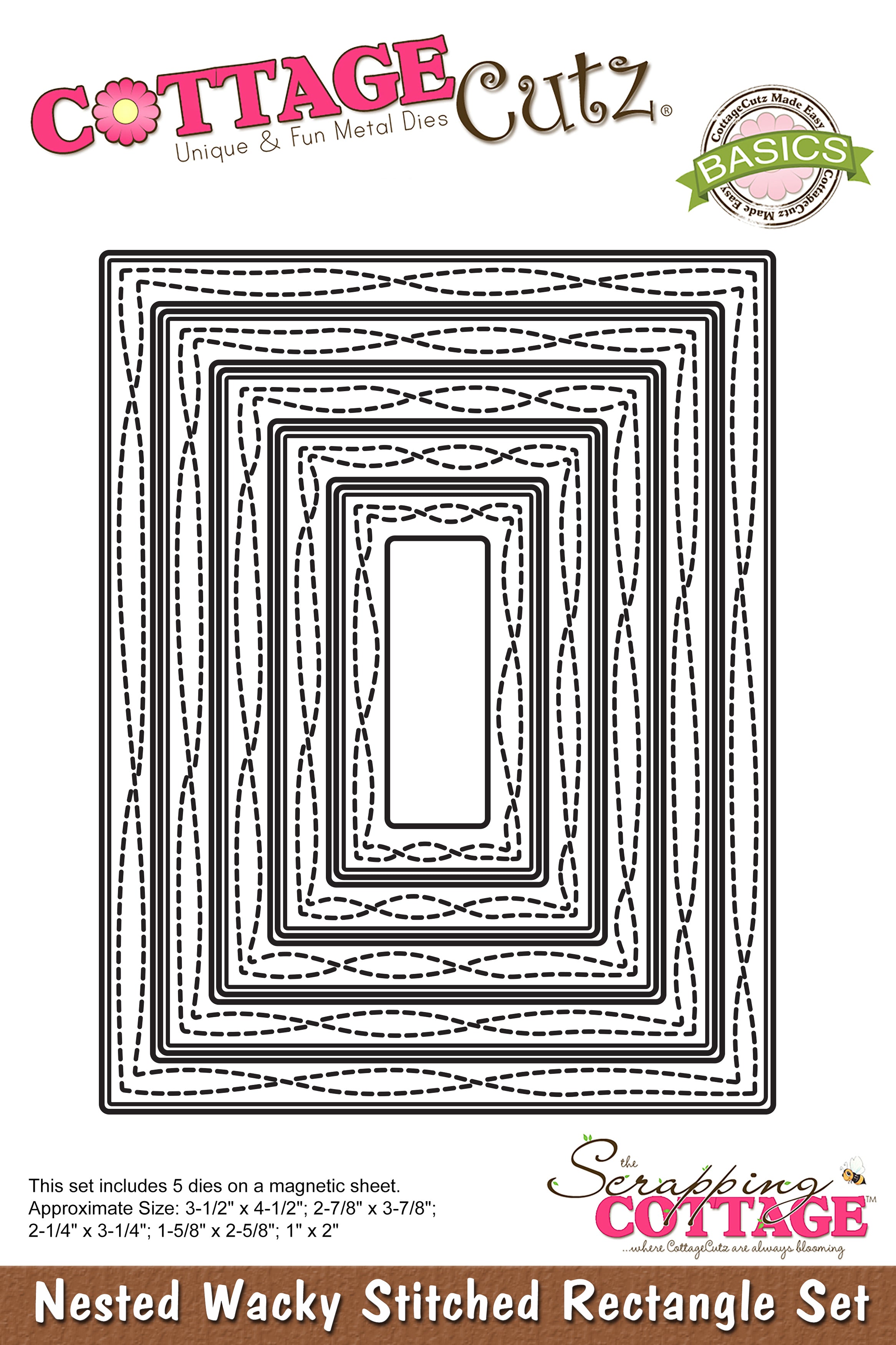 CottageCutz Nested Dies 5/Pkg - Wacky Stitched Rectangle