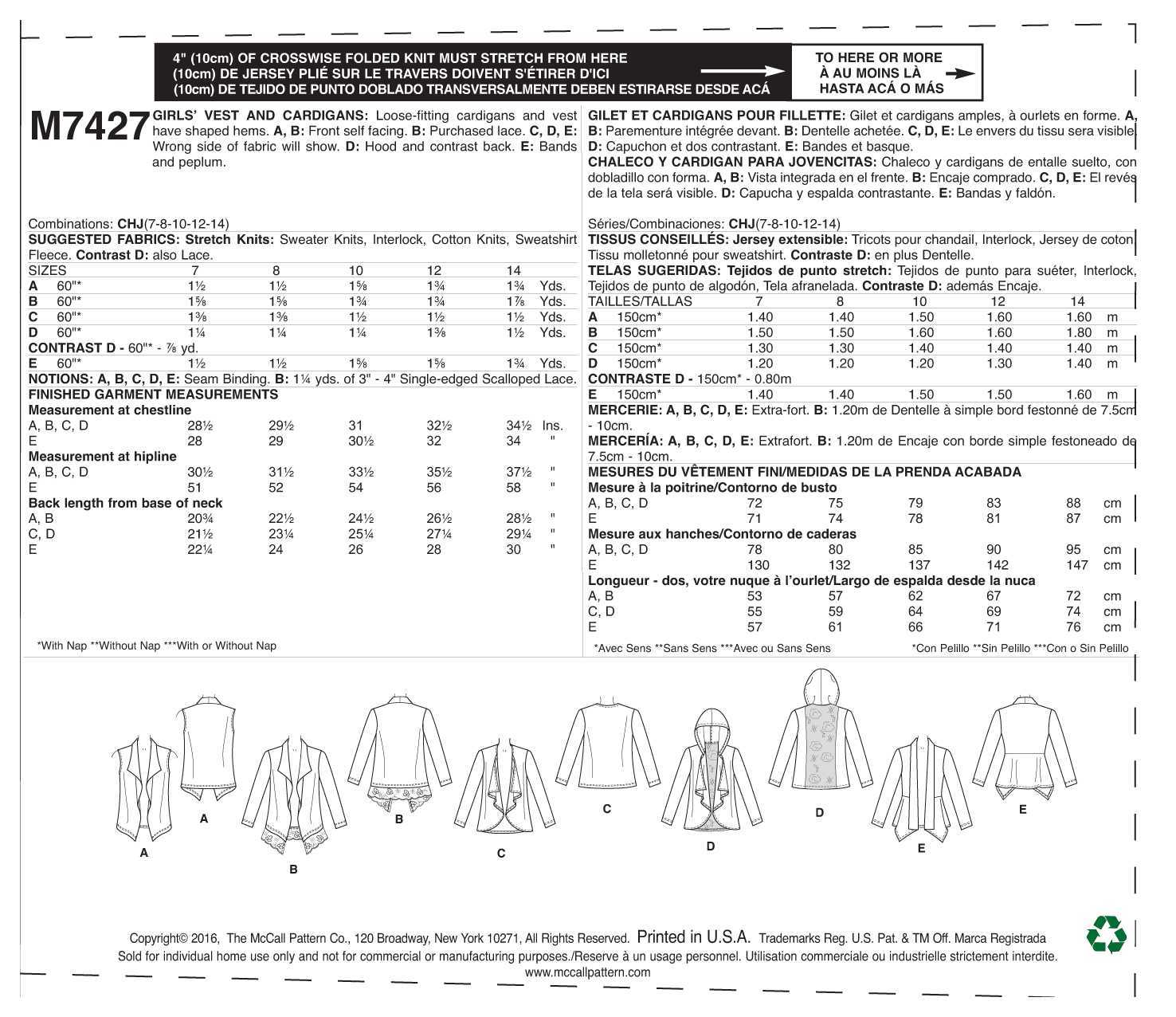 McCall's Girls' Shawl Collar Vest and Cardigans M7427 - Sewing Pattern