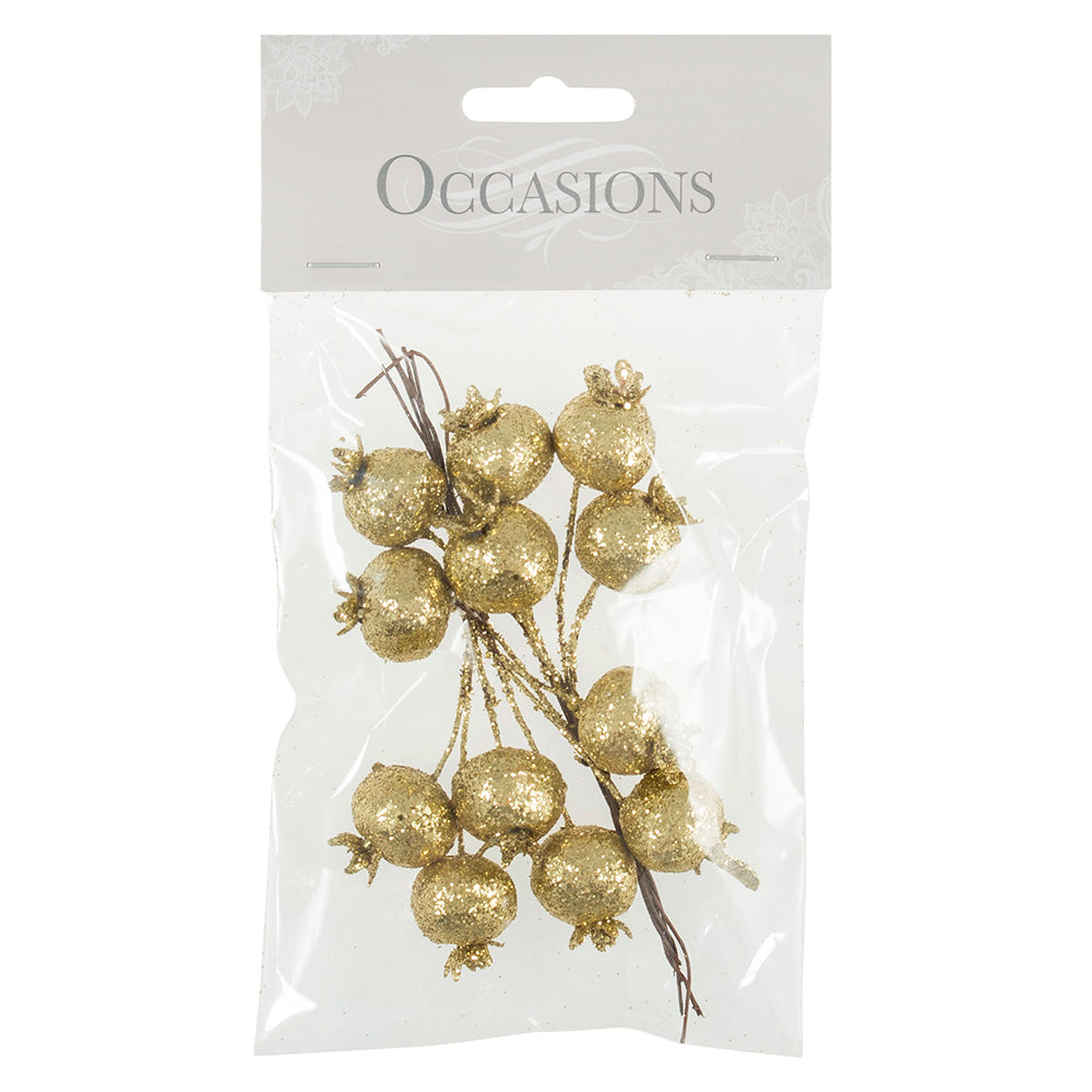 Groves Glitter Pomegranates on Wire: 1 bunch 12: Gold