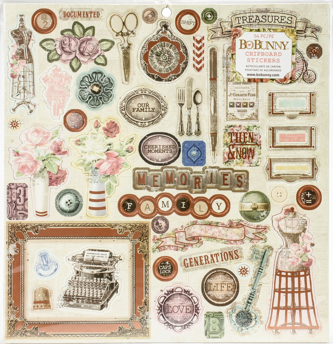 American Crafts Family Heirlooms Chipboard Stickers 12"X12" - W/Copper Foil Accents
