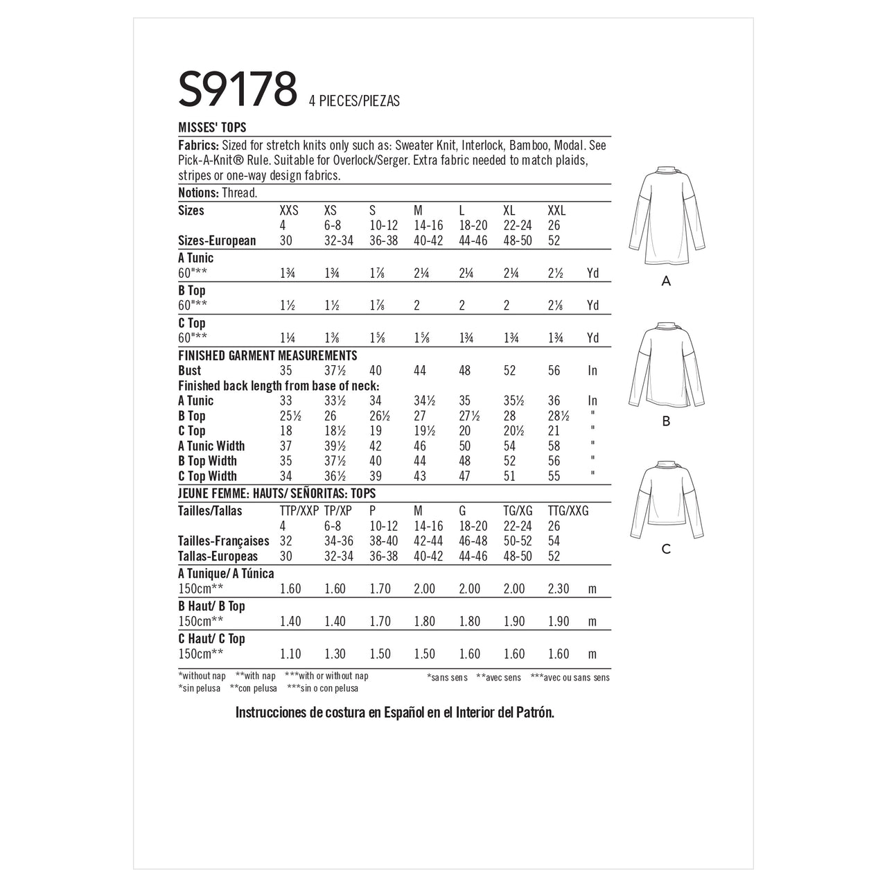 Simplicity Misses' Tops S9178 - Paper Pattern, Size A (XXS-XS-S-M-L-XL-XXL)