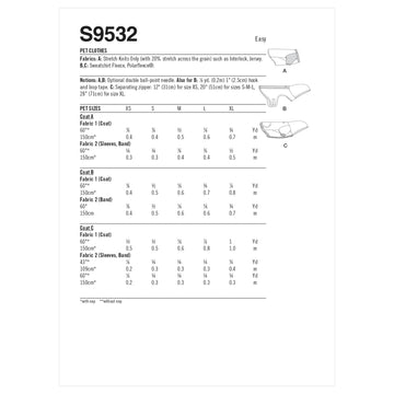 Simplicity Pet Clothes S9532 - Paper Pattern, Size A (XS-S-M-L-XL)