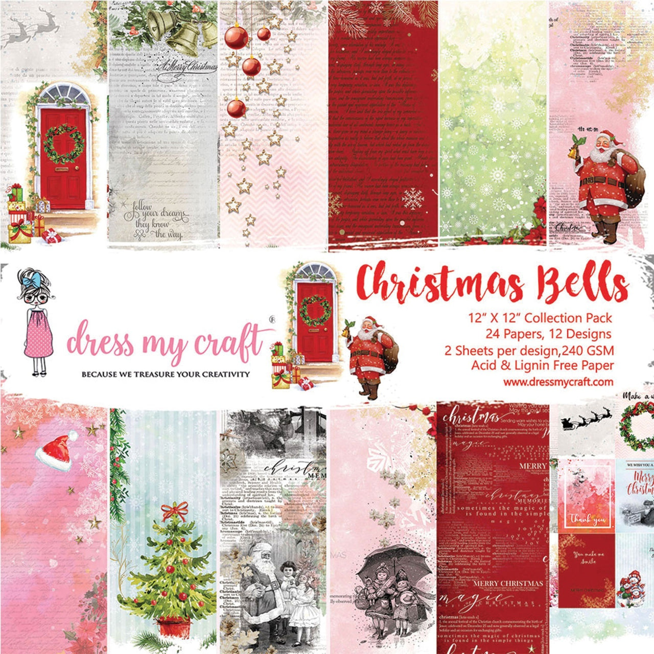 Dress My Crafts Single-Sided Paper Pad 12"X12" 24/Pkg - Christmas Bells, 12 Designs/2 Each