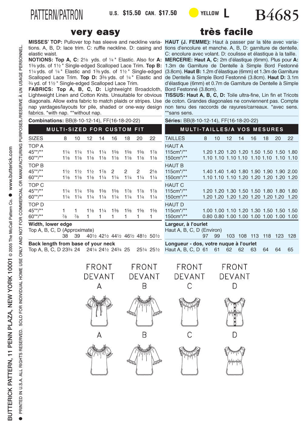 Butterick Misses' Top B4685 - Sewing Pattern