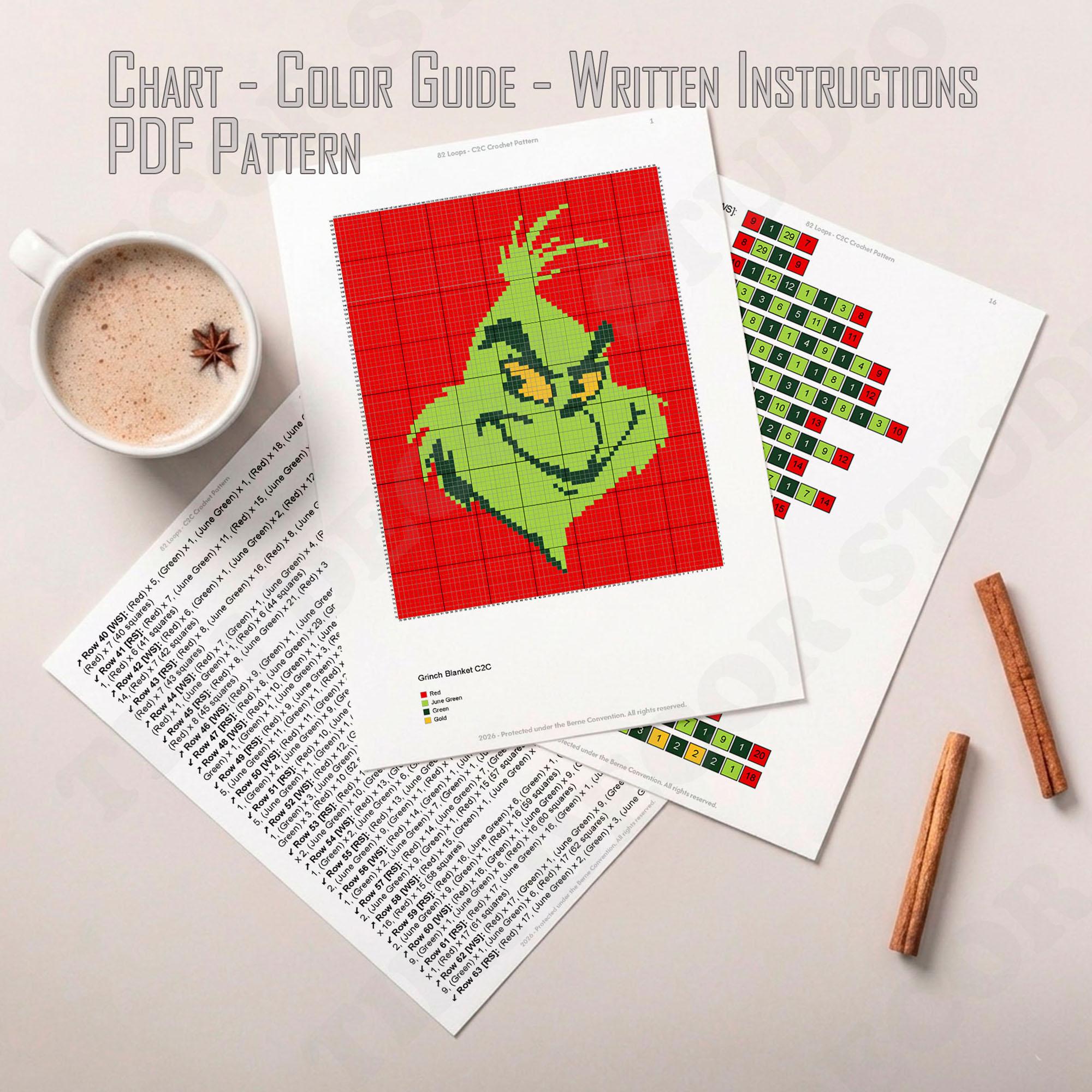 Grinch Green Grumpy Face Blanket Christmas Lapghan C2C CROCHET PATTERN