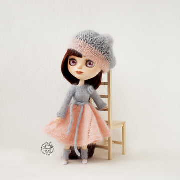 Pink and gray outfit for doll knitted flat