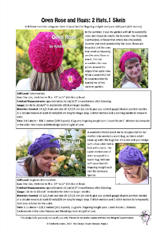 Open Rose and Hugs; 2 Hats, 1 Skein