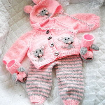 Baby Doll Knitting pattern, Mouse motif, Cardigan, Leggings, Hat & Boots, 0-3 Month Baby, 17-22 inch Doll