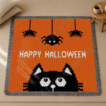 Happy Halloween Orange Blanket Black Cat Face & Spiders Throw C2C CROCHET PATTERN