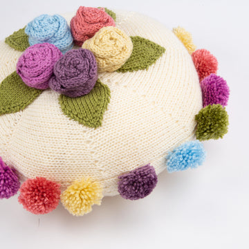 Round Shabby chic floral cushion with pom poms