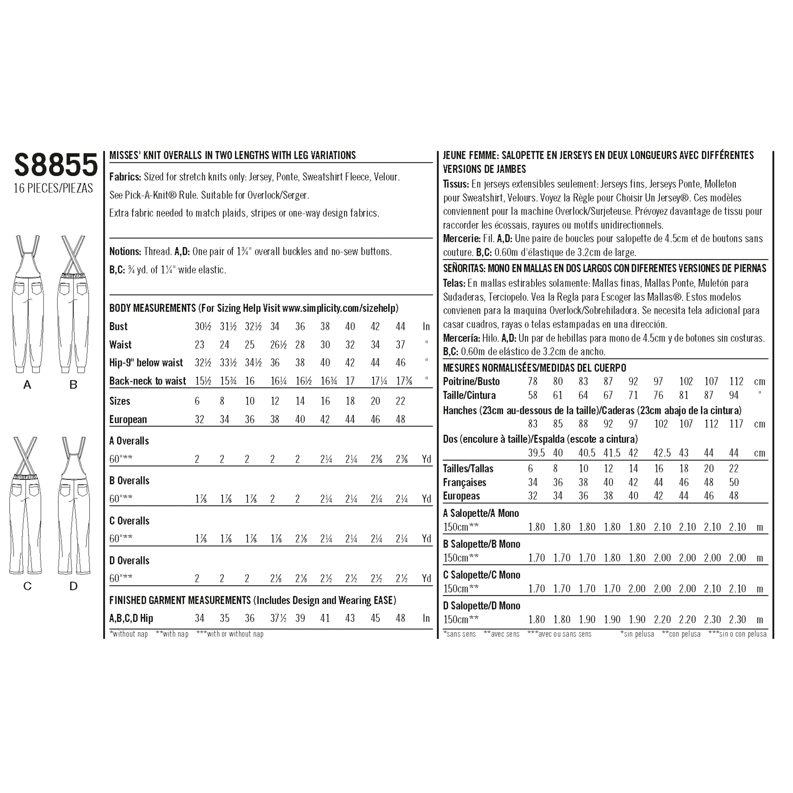 Simplicity S8855 Misses Knit Overalls - Sewing Pattern