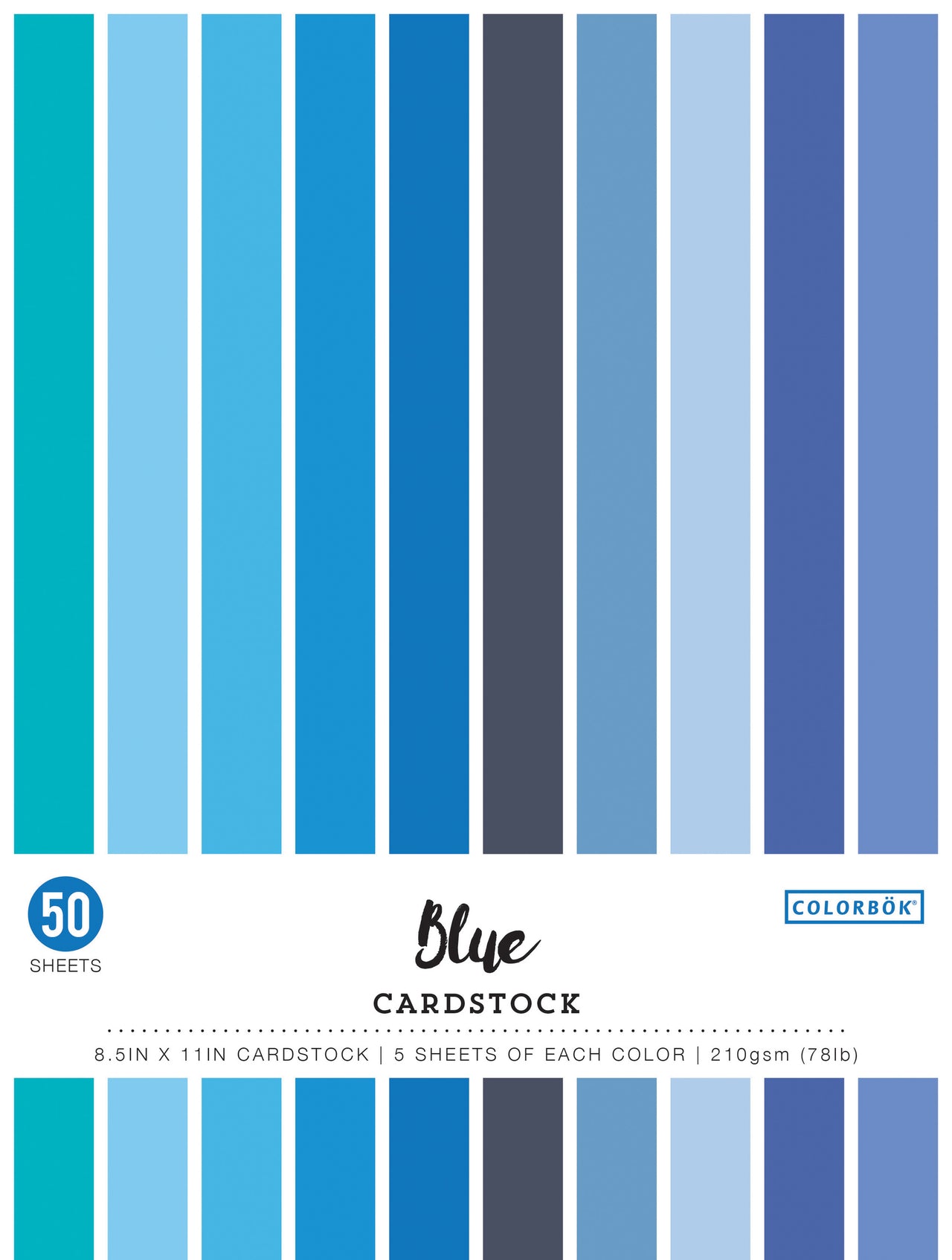 American Crafts Colorbok 78lb Smooth Cardstock 8.5"X11" 50/Pkg - Blues, 5 Colors/10 Each