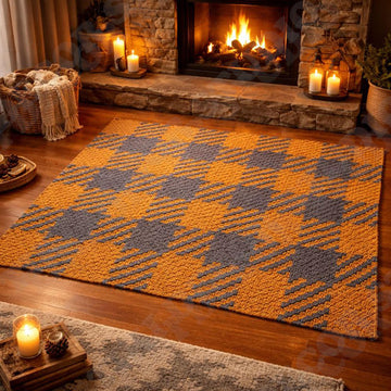 C2C CROCHET PATTERN Orange Plaid Blanket Sofa Afghan Square Throw 74x74 inch