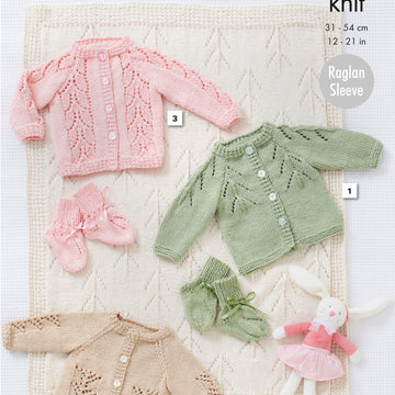 Babies Cardigan, Cardigan with lace skirt, Cardigan with lace yoke, Blanket & Bootees in King Cole DK in King Cole - 5467 - Leaflet