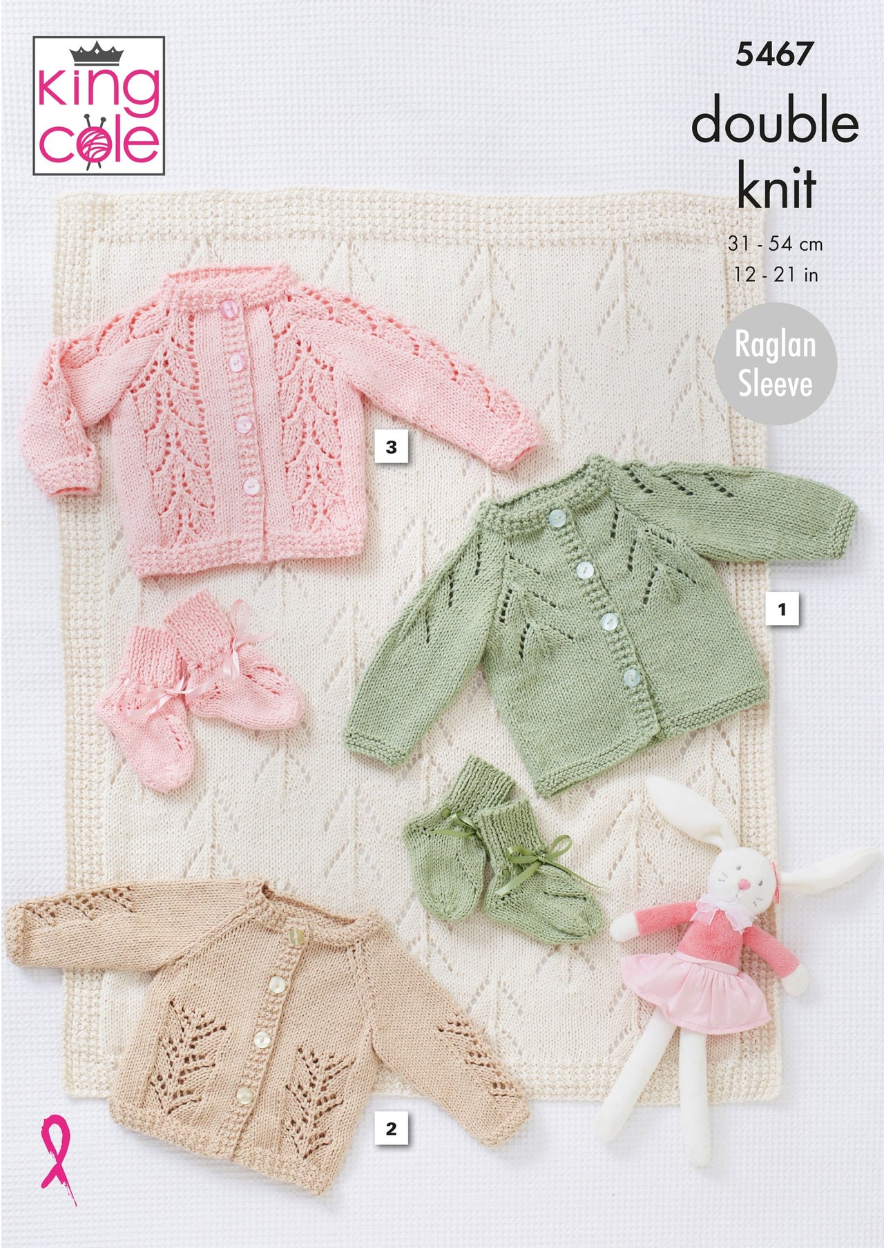 Babies Cardigan, Cardigan with lace skirt, Cardigan with lace yoke, Blanket & Bootees in King Cole DK in King Cole - 5467 - Leaflet