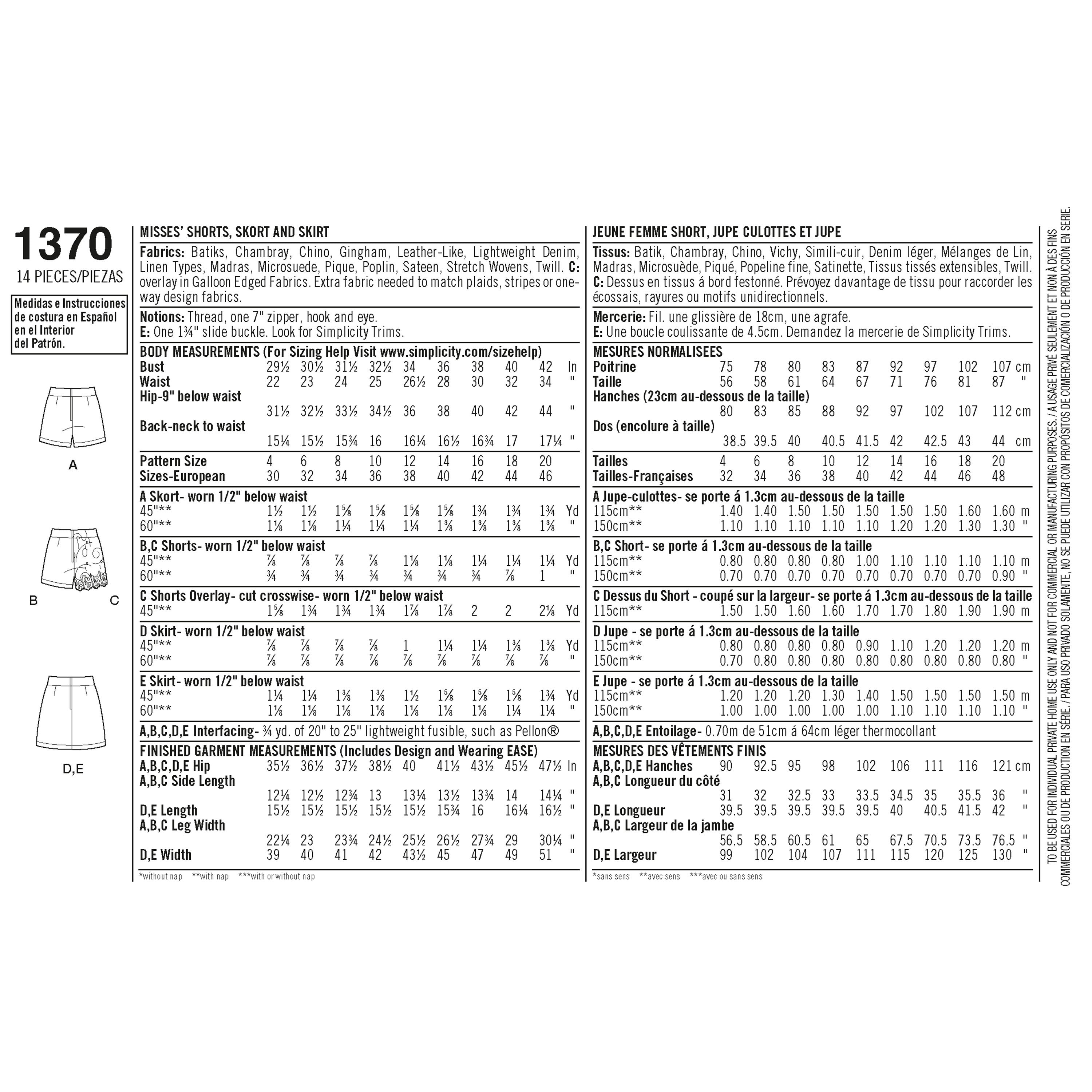 Simplicity Women's Shorts, Skort and Skirt 1370 - Sewing Pattern