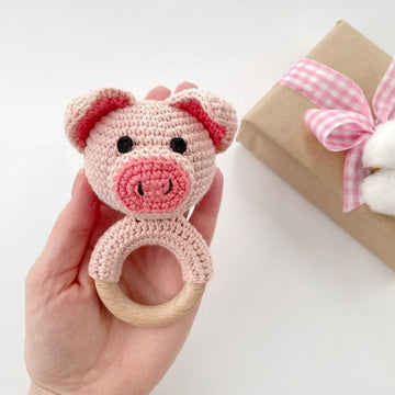 Pig crochet pattern baby rattle toy Amigurumi teether ring