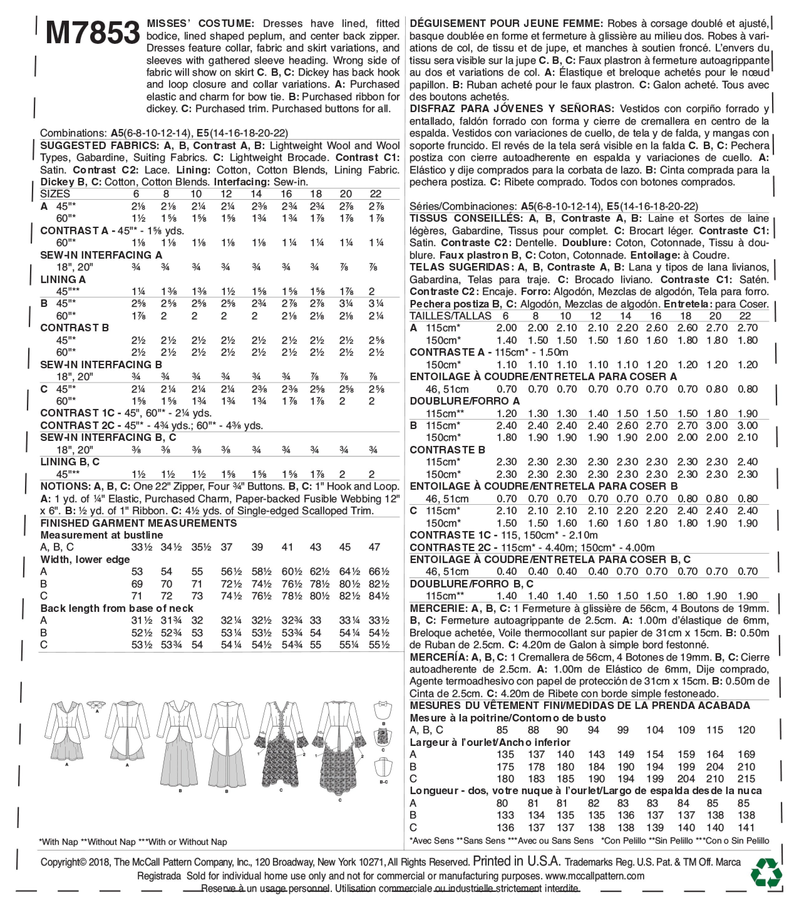 McCall's Misses' Costume M7853 - Sewing Pattern