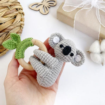 Koala crochet pattern baby rattle toy Amigurumi animal pattern Teething ring Newborn toy