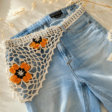 Boho Bandana with Floral Motif, Freeform Mesh and Filet Crochet Design (H8)