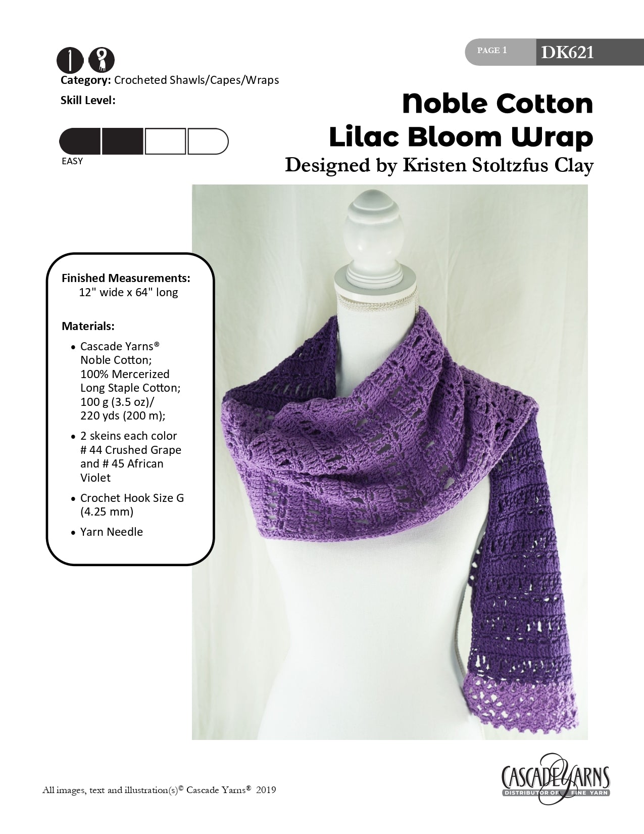 Lilac Bloom Wrap in Cascade Yarns Noble Cotton - DK621 - Downloadable PDF