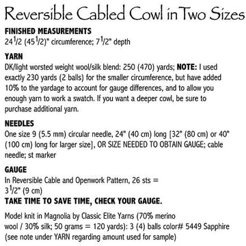 Reversible Cabled Cowl in Two Sizes #701