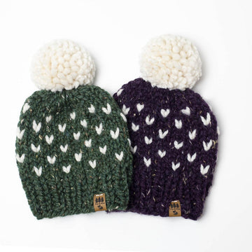 Fair Isle Winter Hat Toque Pompom Mini Hearts