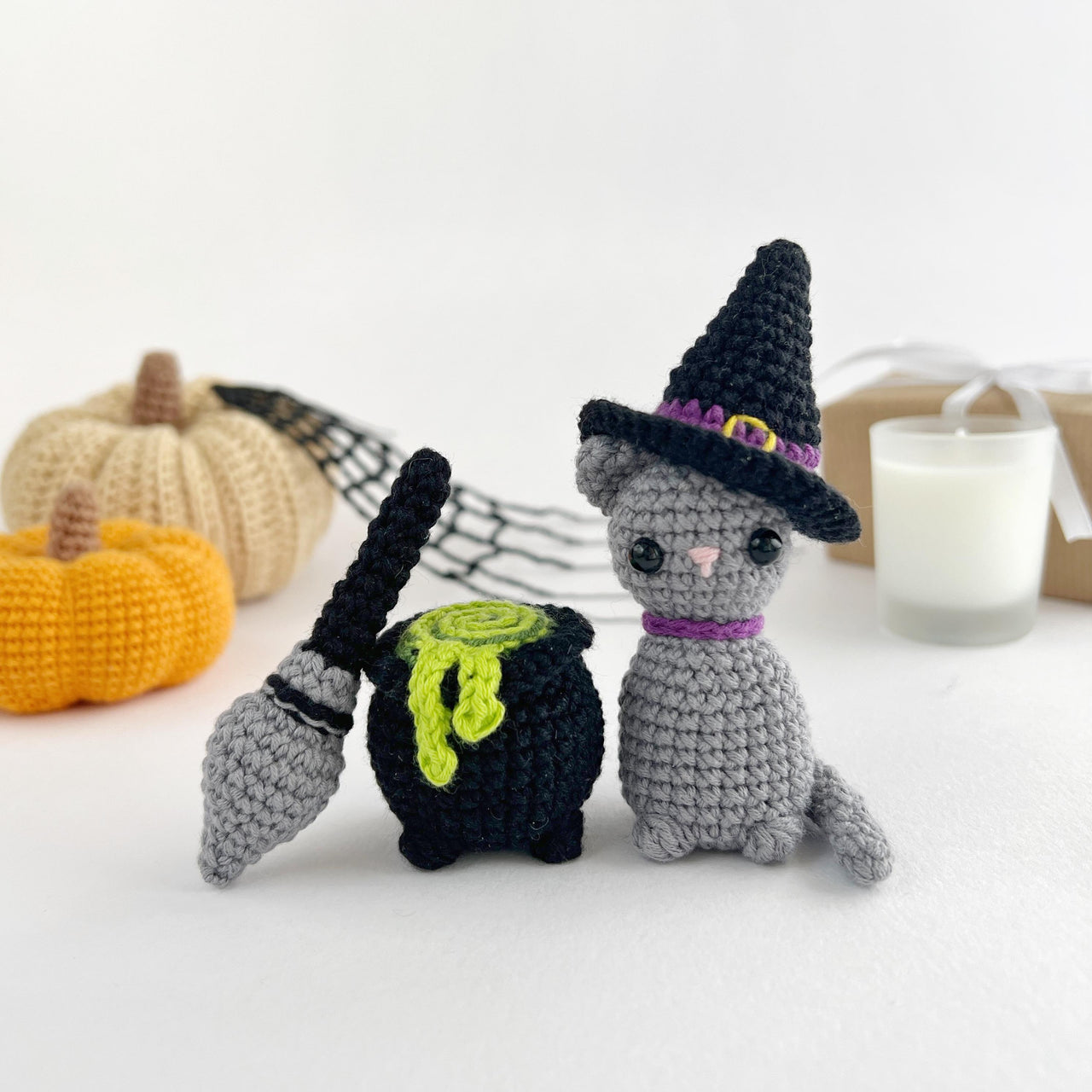 Halloween witch bundle crochet patterns, Black cat, Witch hat, Cauldron, Broom Amigurumi pattern