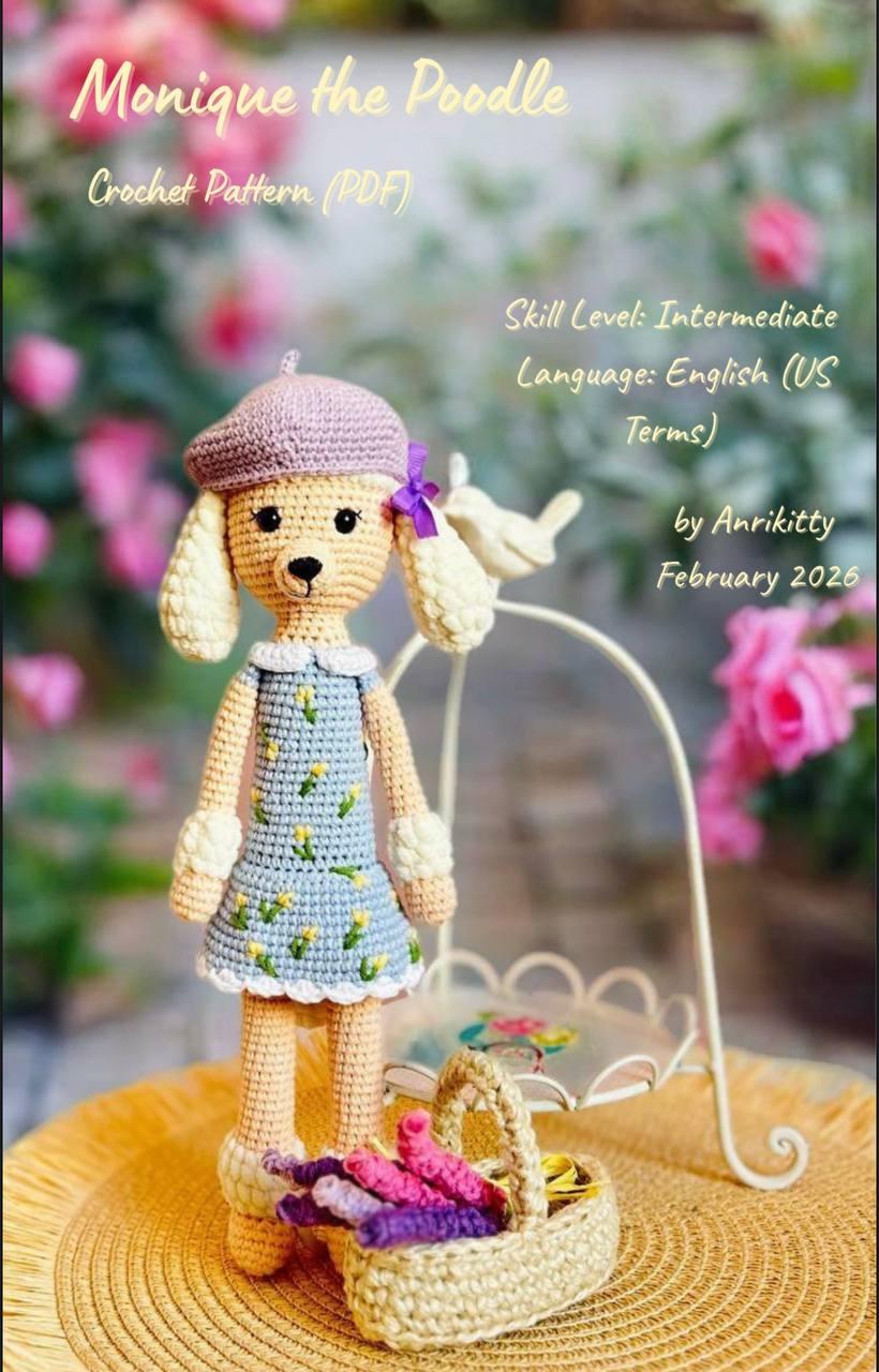 Poodle Crochet Pattern PDF – Amigurumi Dog Doll with Beret & Basket – 21 Page English Tutorial