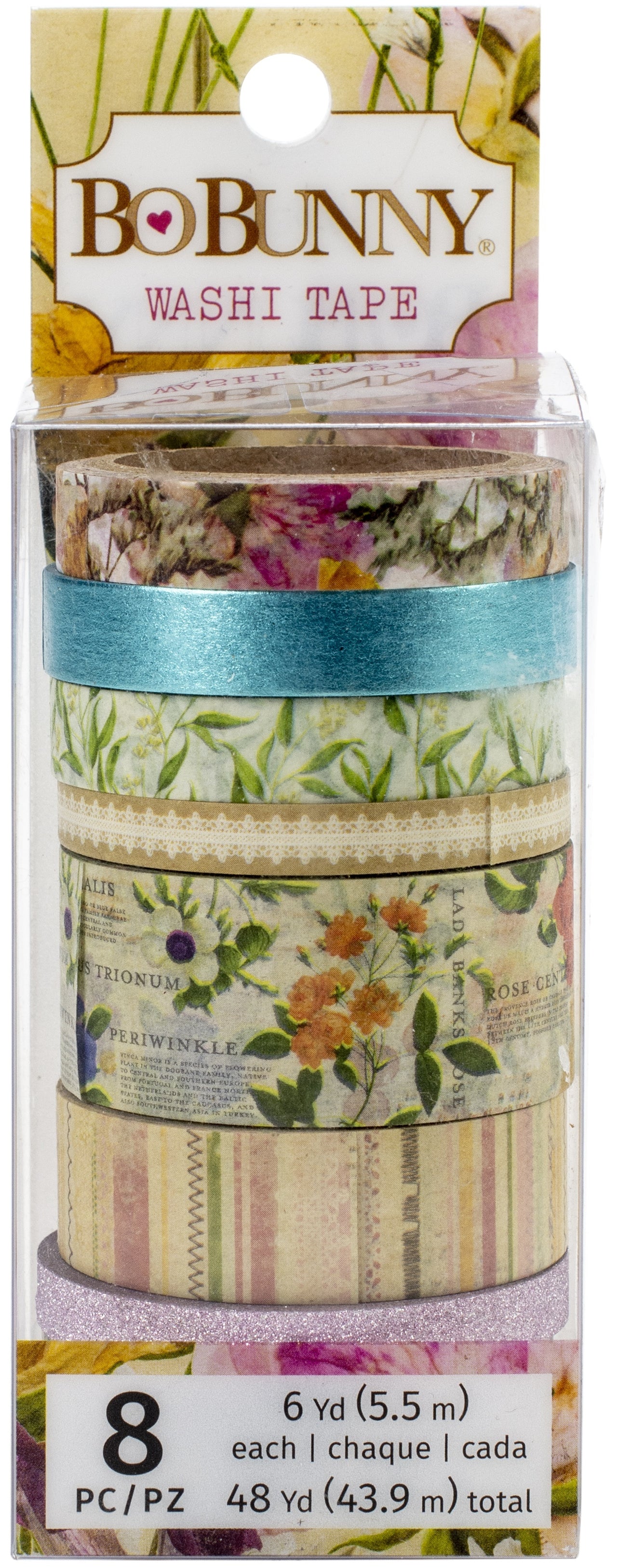 American Crafts BoBunny Washi Tape 8/Pkg - Botanical Journal W/Pink Glitter Accents