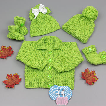 Willow baby cardigan, hats, booties & mitts