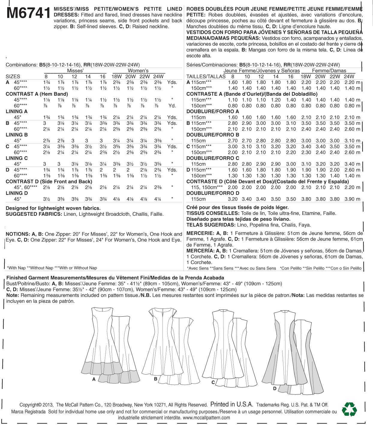 McCall's Misses'/Women's Petite Lined Dresses M6741 - Sewing Pattern