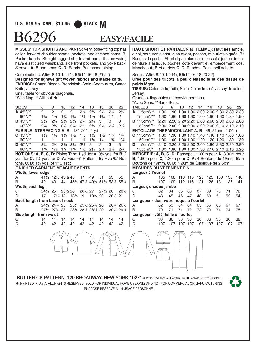 Butterick Misses' Top, Shorts and Pants B6296 - Sewing Pattern