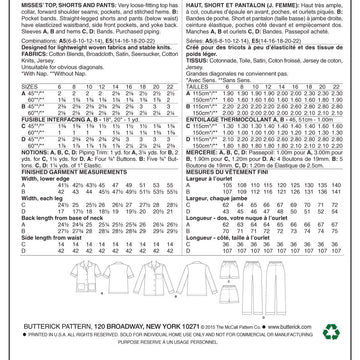Butterick Misses' Top, Shorts and Pants B6296 - Sewing Pattern