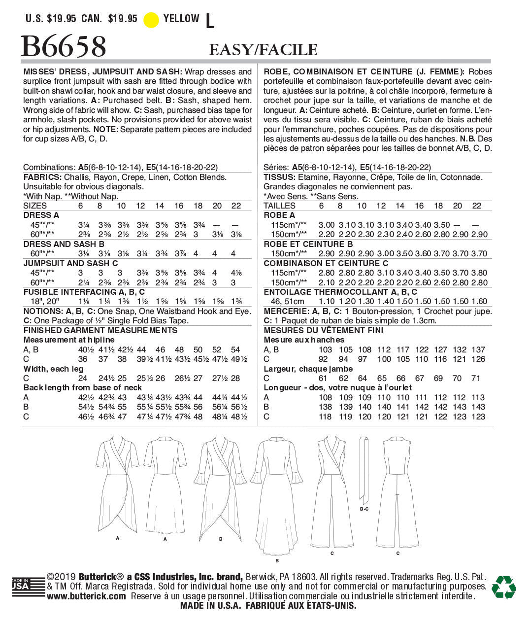 Butterick Misses' Dress, Jumpsuit and Sash B6658 - Sewing Pattern