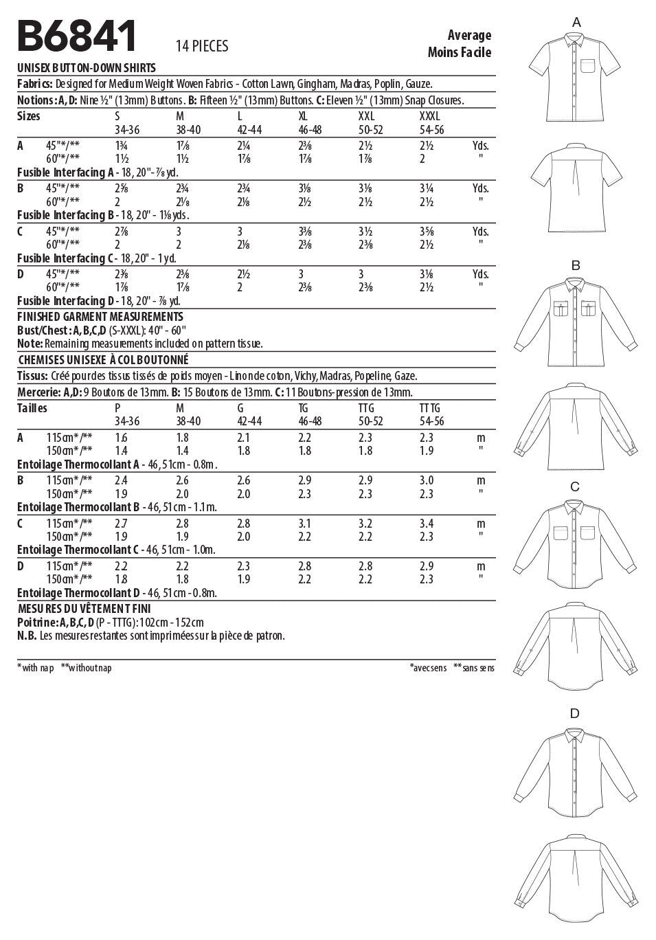 Butterick Unisex Button-Down Shirts B6841 - Sewing Pattern