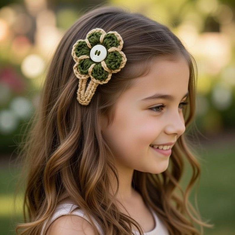 Crochet Beige Flower Hair Clip Pdf + Video Tutorials.