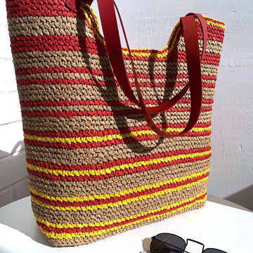 Crochet Raffia Beach Bag Pattern, Striped Tote with Leather Handles