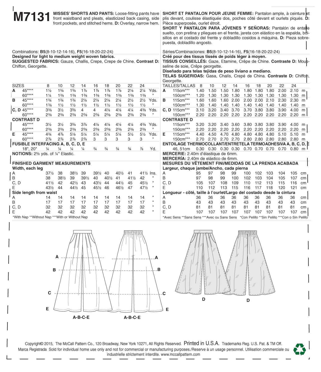 McCall's Misses' Shorts and Pants M7131 - Sewing Pattern