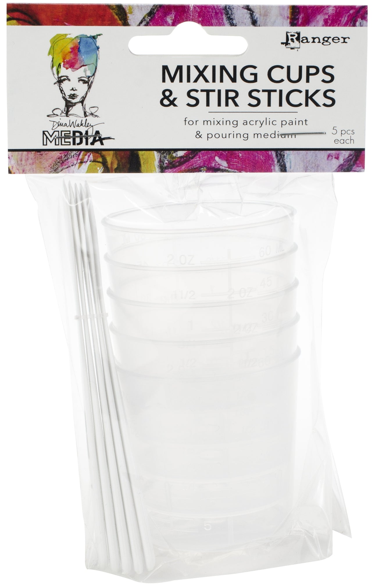 Ranger Dina Wakley Media Mixing Cups & White Stir Sticks 5/Pkg - 267333