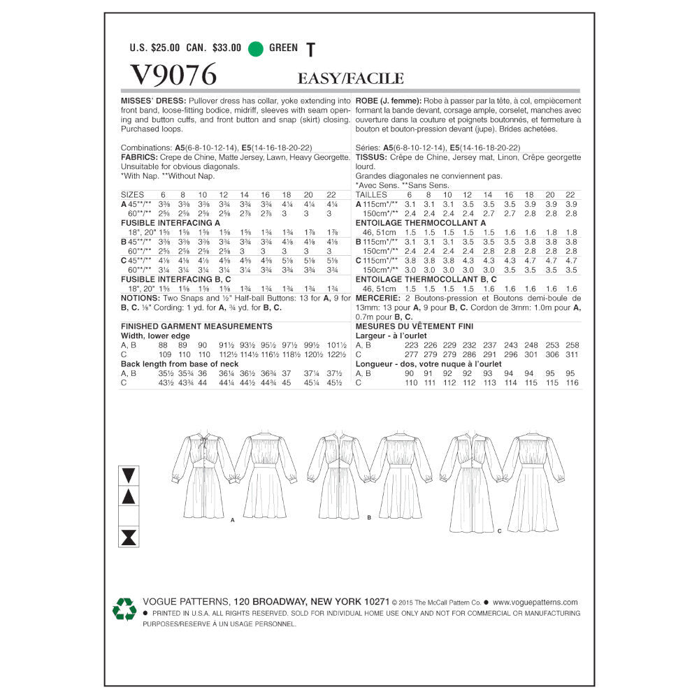 Vogue Misses' Dress V9076 - Sewing Pattern
