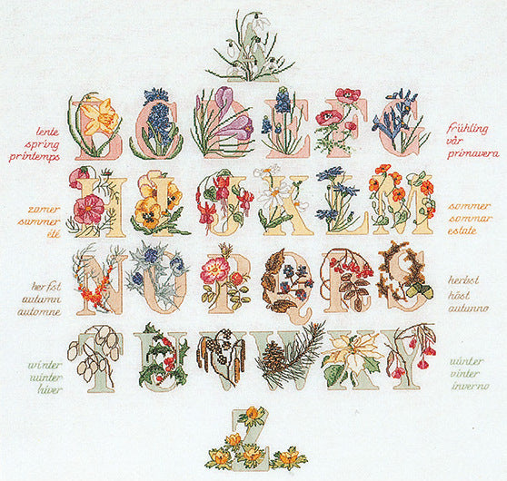 Thea Gouverneur Bv Seasons Floral Alphabet Cross Stitch Kit - 60cm x 57cm